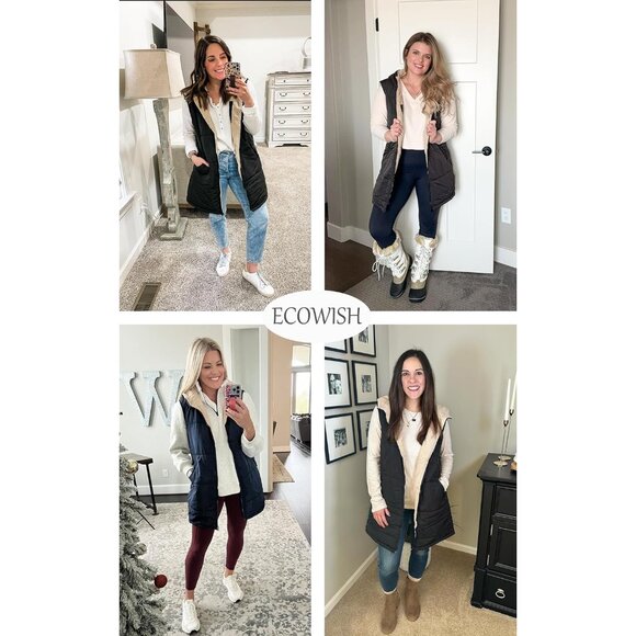 Women Long Puffer Vest: Fall Zip up Reversible Fleece Jacket 2025 Winter Warm Sl - Picture 5 of 7